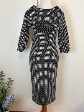 Lela Rose Black/Navy and White Printed Midi Sheath Dress | 8